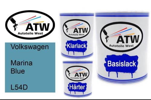 Volkswagen, Marina Blue, L54D: 1L Lackdose + 1L Klarlack + 500ml Härter - Set, von ATW Autoteile West.